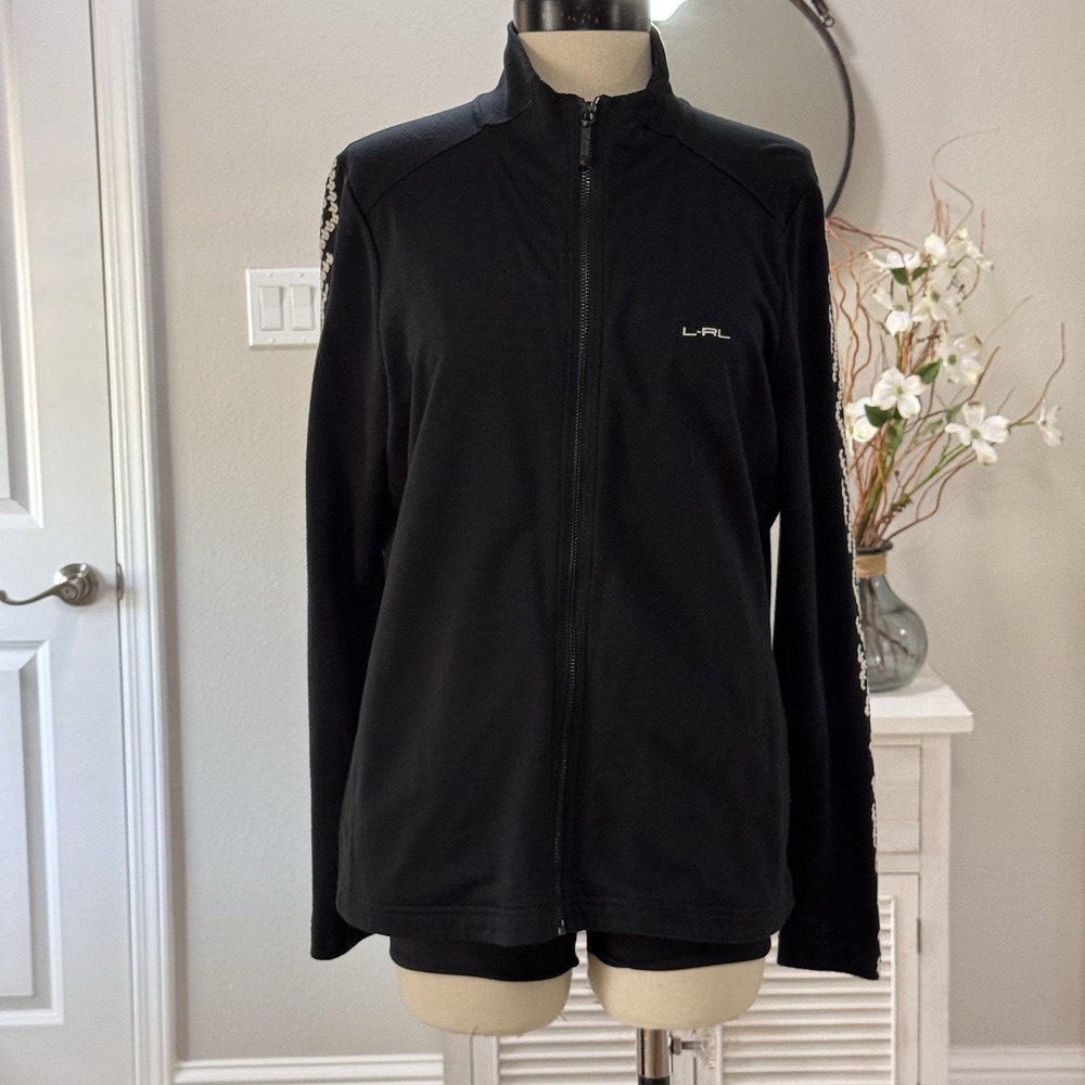 Polo Lauren Active Womens Petite Sz L Zip Jacket Black White Embroidered Sleeves